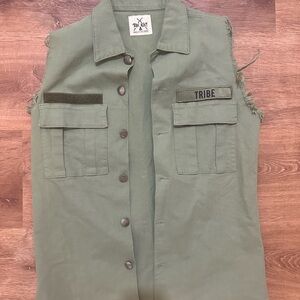Tribe Kelley Vintage Style Green Oversized Army Military Cut Off Vest XS